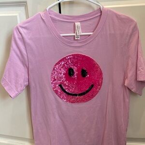 Sequin smile face custom boutique tee size small women’s pink